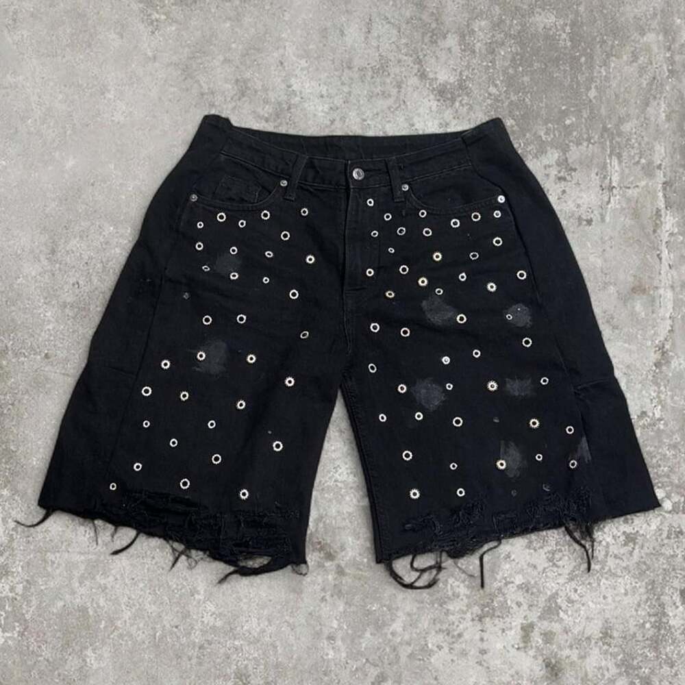 Baggy Bedazzled Punk Rock Jorts Size 34 Black Denim Rhinestone Grunge Shorts